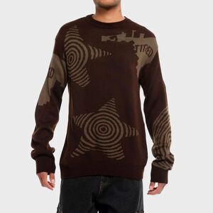 Hot Topic Grunge Swirl Star Intarsia Sweater Men Small Brown Retro Long Sleeve